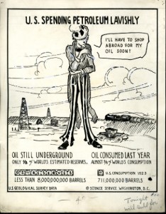 Cartoonograph about U.S. spending on oil, 1924, pen and ink drawing by Elizabeth Sabin Goodwin, Smithsonian Institution Archives, RU 7091, Image no. SIA 2010-3711.