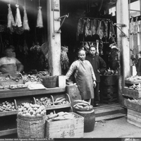 Isaiah West Taber, "Chinese butcher and grocery shop, Chinatown, S.F.," c. 1905, black and white photograph; from The Bancroft Library at the University of California, 