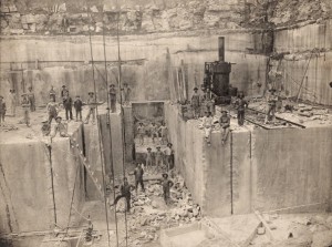 Men quarrying limestone near Bedford, Indiana (Indiana Historical Society)